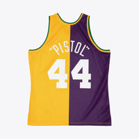 New Orleans Jazz Mitchell & Ness Pete Maravich 1974 Split Swingman Jersey - Purple/Yellow