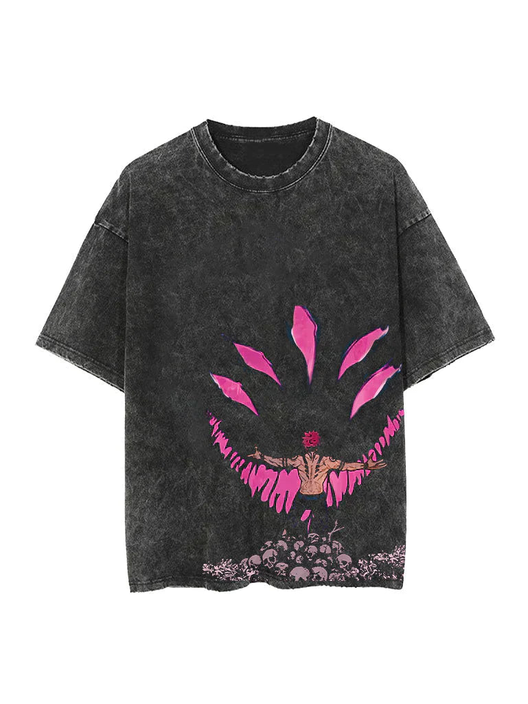Washed black t-shirt with Sukuna Jujutsu Kaisen Cursed King graphic – photo 1