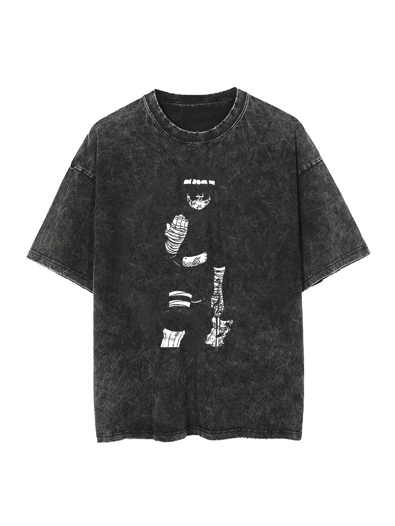 Washed black t-shirt with Rock Lee Naruto Rock Lee graphic – photo 1