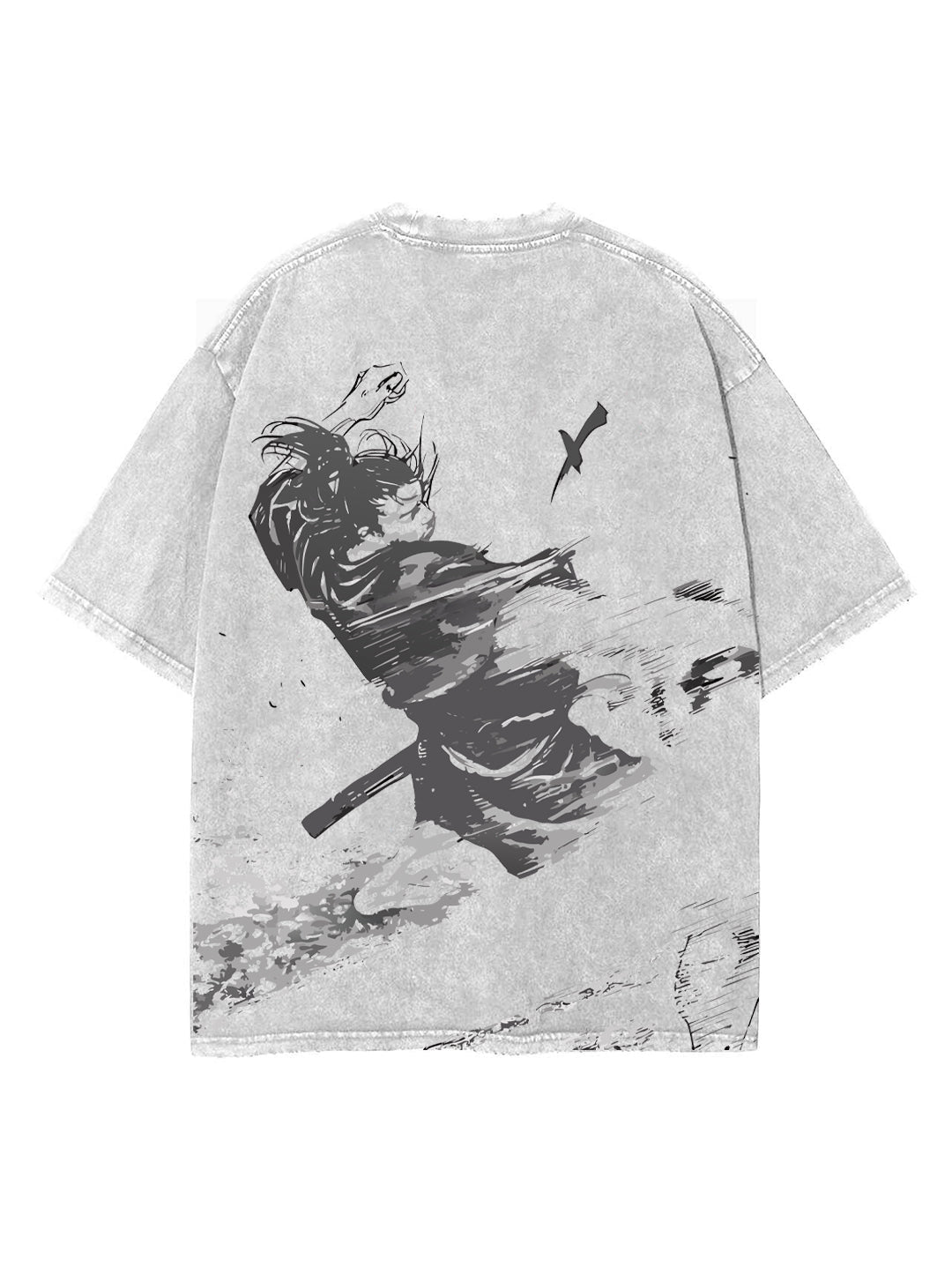 Washed white t-shirt with Miyamoto Musashi Vagabond Solo Samurai graphic – photo 1