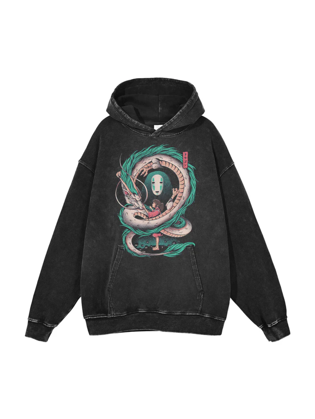 Washed black hoodie with Haku, No-Face and Chihiro Spirited Away Dreams graphic – photo 1