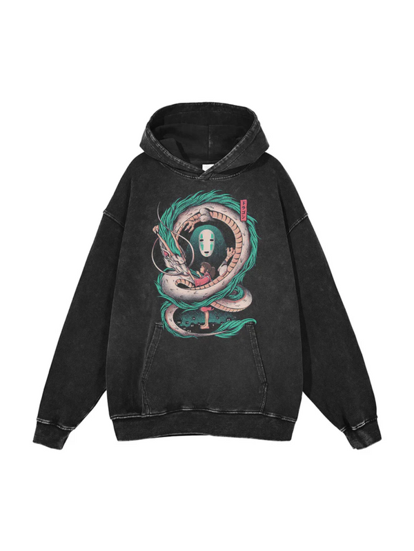 Washed black hoodie with Haku, No-Face and Chihiro Spirited Away Dreams graphic – photo 1