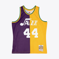 New Orleans Jazz Mitchell & Ness Pete Maravich 1974 Split Swingman Jersey - Purple/Yellow