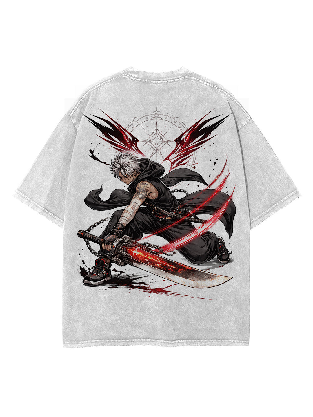 Washed white t-shirt with Sung Jinwoo Solo Leveling Scarlet Blade graphic – photo 1