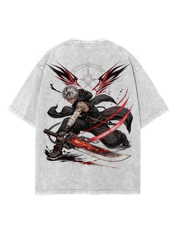 Washed white t-shirt with Sung Jinwoo Solo Leveling Scarlet Blade graphic – photo 1