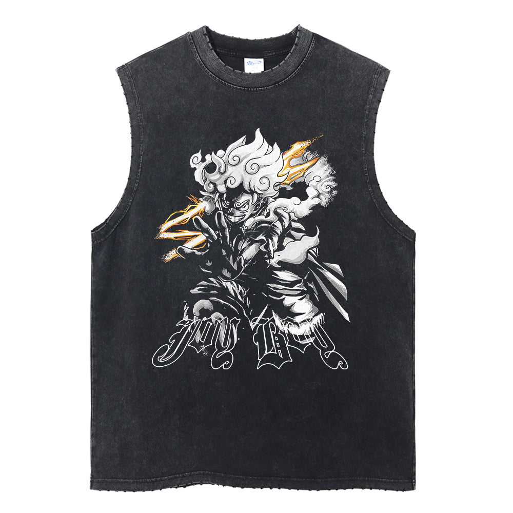 Washed black tank top with Monkey D. Luffy One Piece Sun God graphic – photo 1