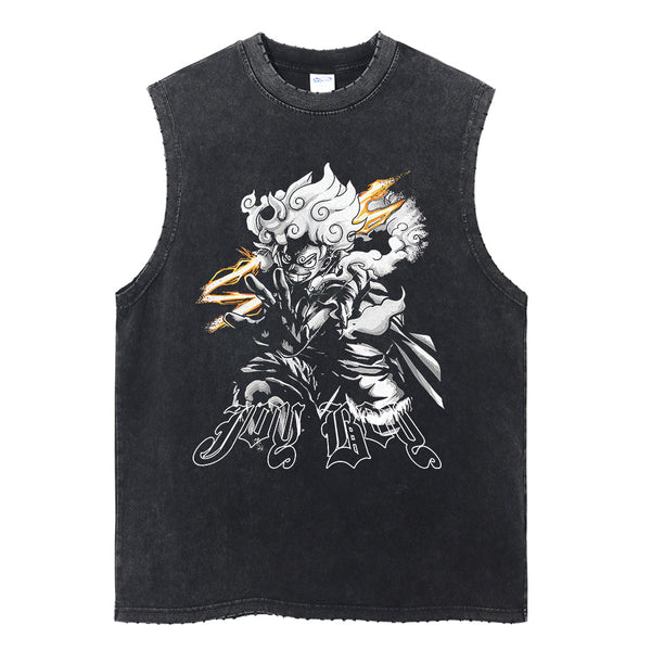 Washed black tank top with Monkey D. Luffy One Piece Sun God graphic – photo 1