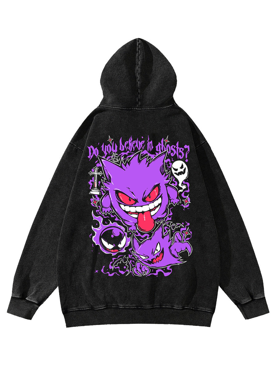 Washed black hoodie with Gengar Pokemon 2-Sided Pocket Shadow graphic – photo 1