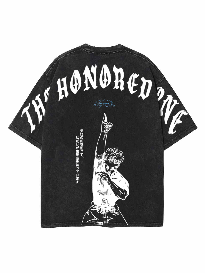Washed black t-shirt with Gojo Satoru Jujutsu Kaisen The Honored One graphic – photo 1