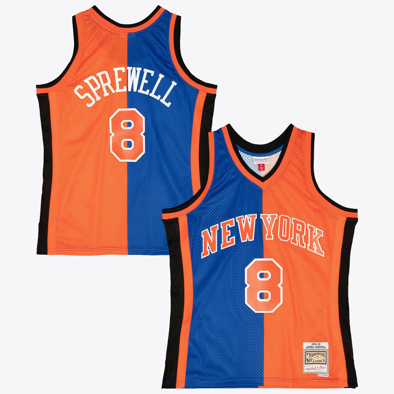 New York Knicks Mitchell & Ness Latrell Sprewell 1998 Split Swingman Jersey - Blue/Orange