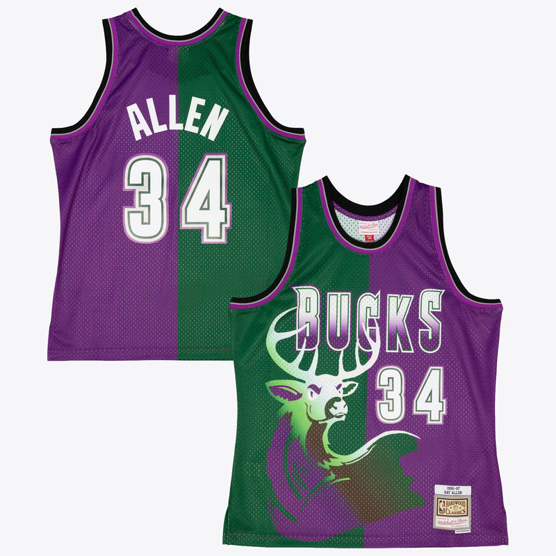 Milwaukee Bucks Mitchell & Ness Ray Allen 1996 Split Swingman Jersey - Green/Purple