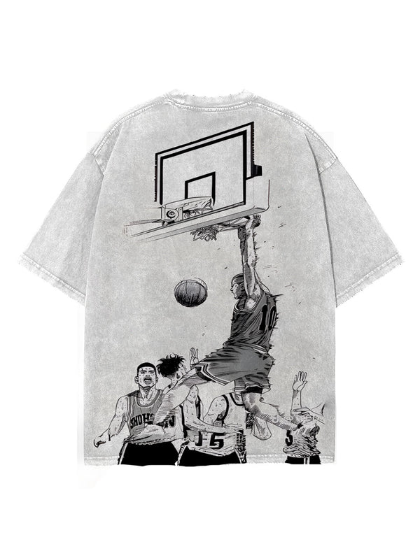 Washed grey t-shirt with Hanamichi Sakuragi Slam Dunk Built in Game graphic – photo 1