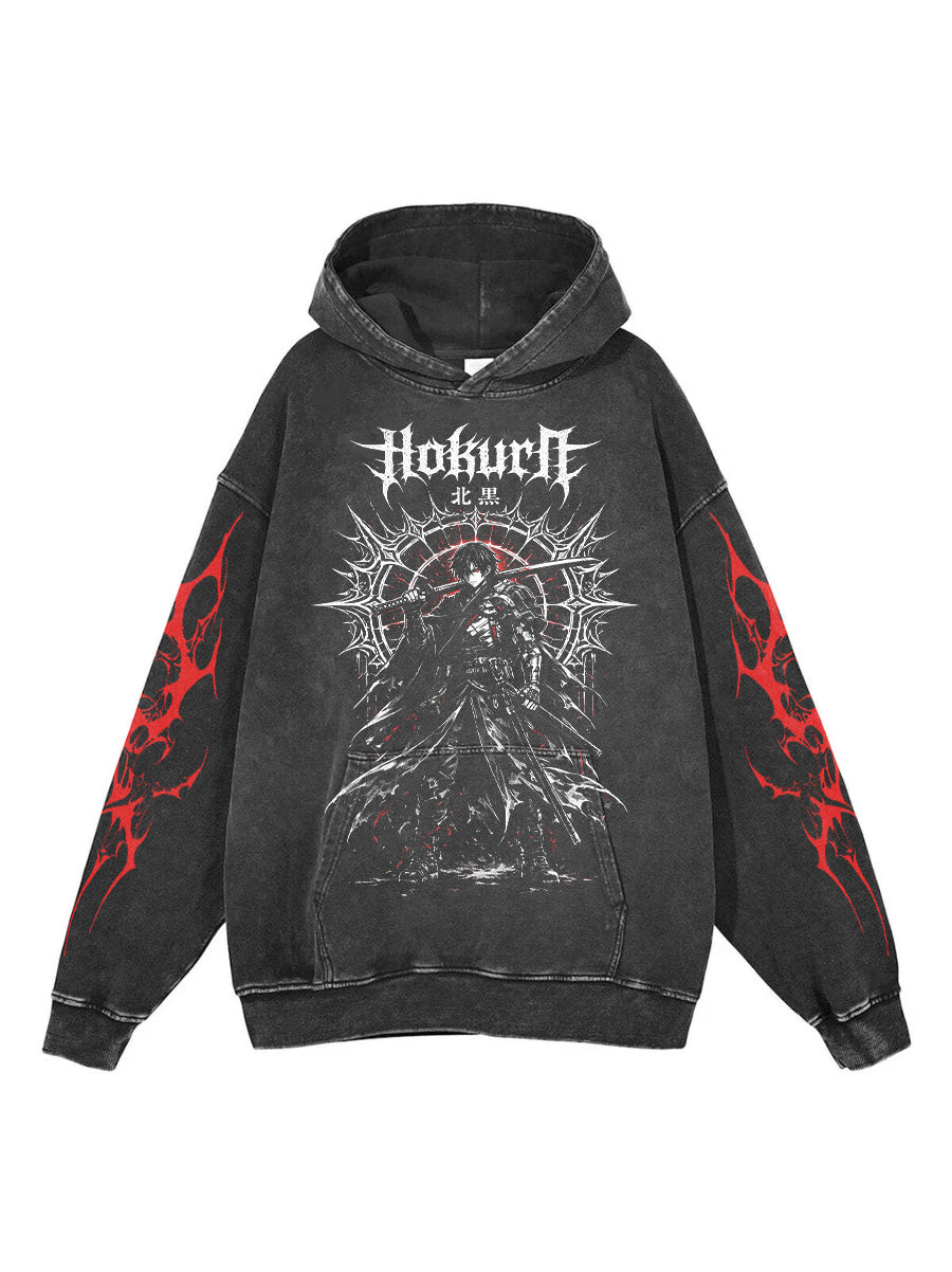 Washed black hoodie with Guts Berserk Shadow Samurai graphic – photo 1