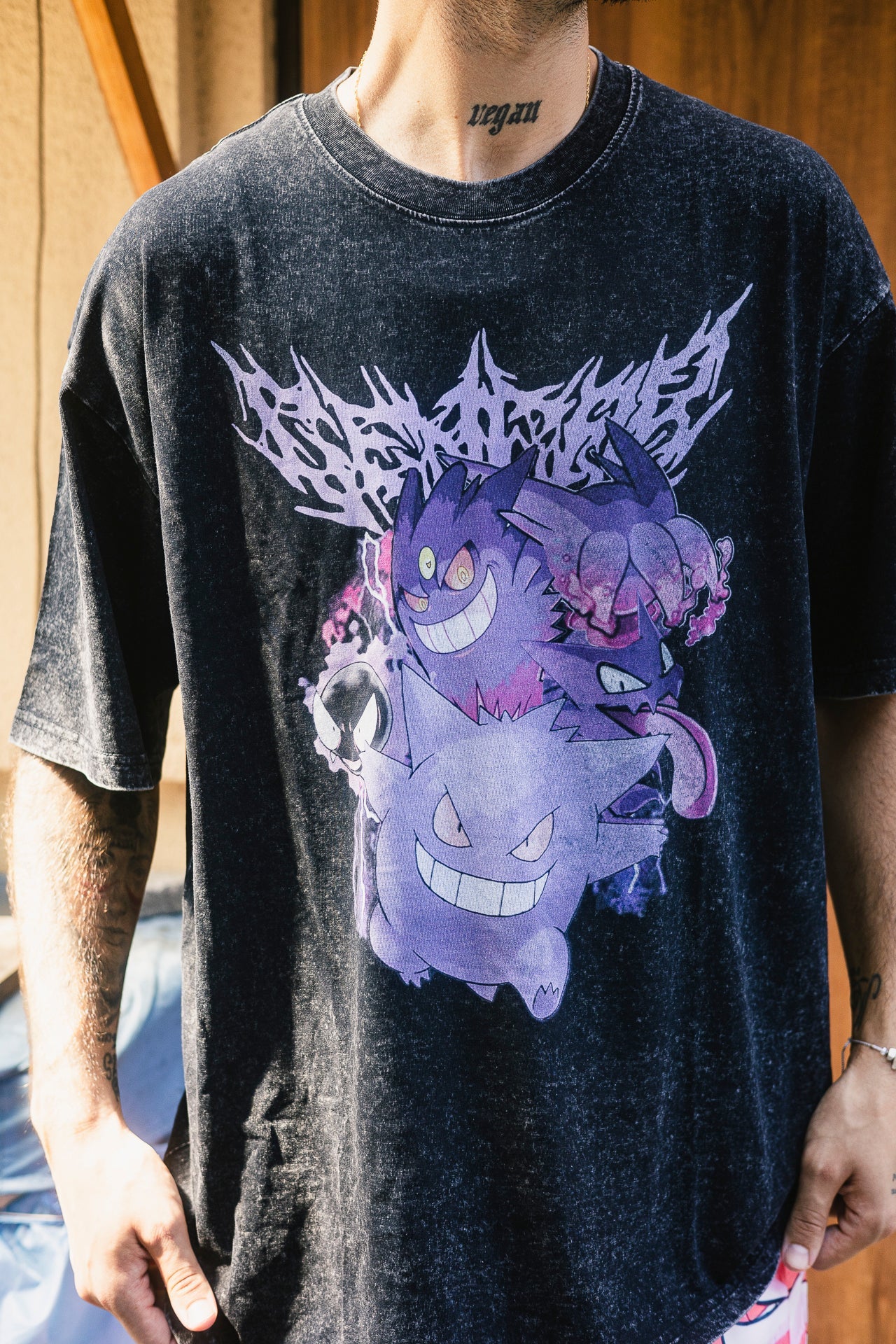 Washed black t-shirt with Gengar Pokemon Ghost/Poison Type graphic – photo 2