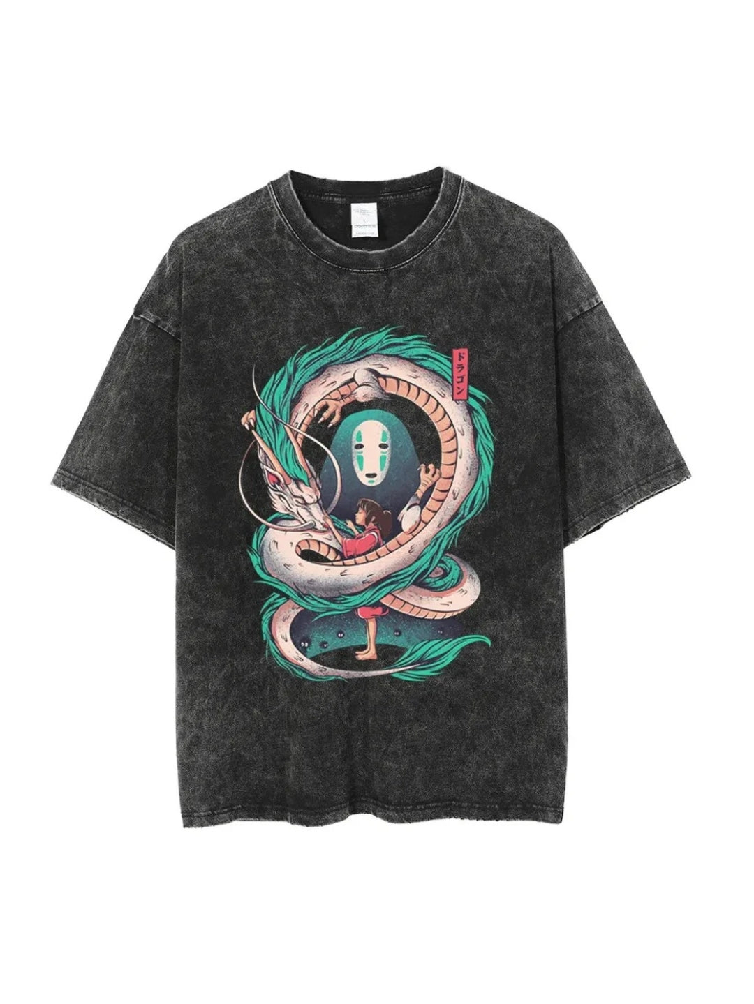 Washed black t-shirt with No-Face Spirited Away Spirit graphic – photo 1