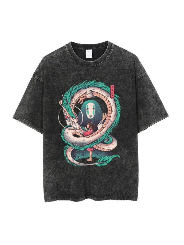 Washed black t-shirt with No-Face Spirited Away Spirit graphic – photo 1