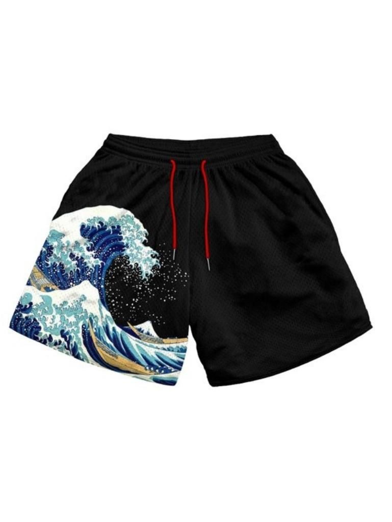 Black shorts with The Great Wave off Kanagawa Wave graphic – photo 1