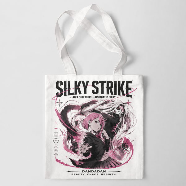 White tote bag with Aira Shiratori Dandadan Silky Strike graphic – photo 1