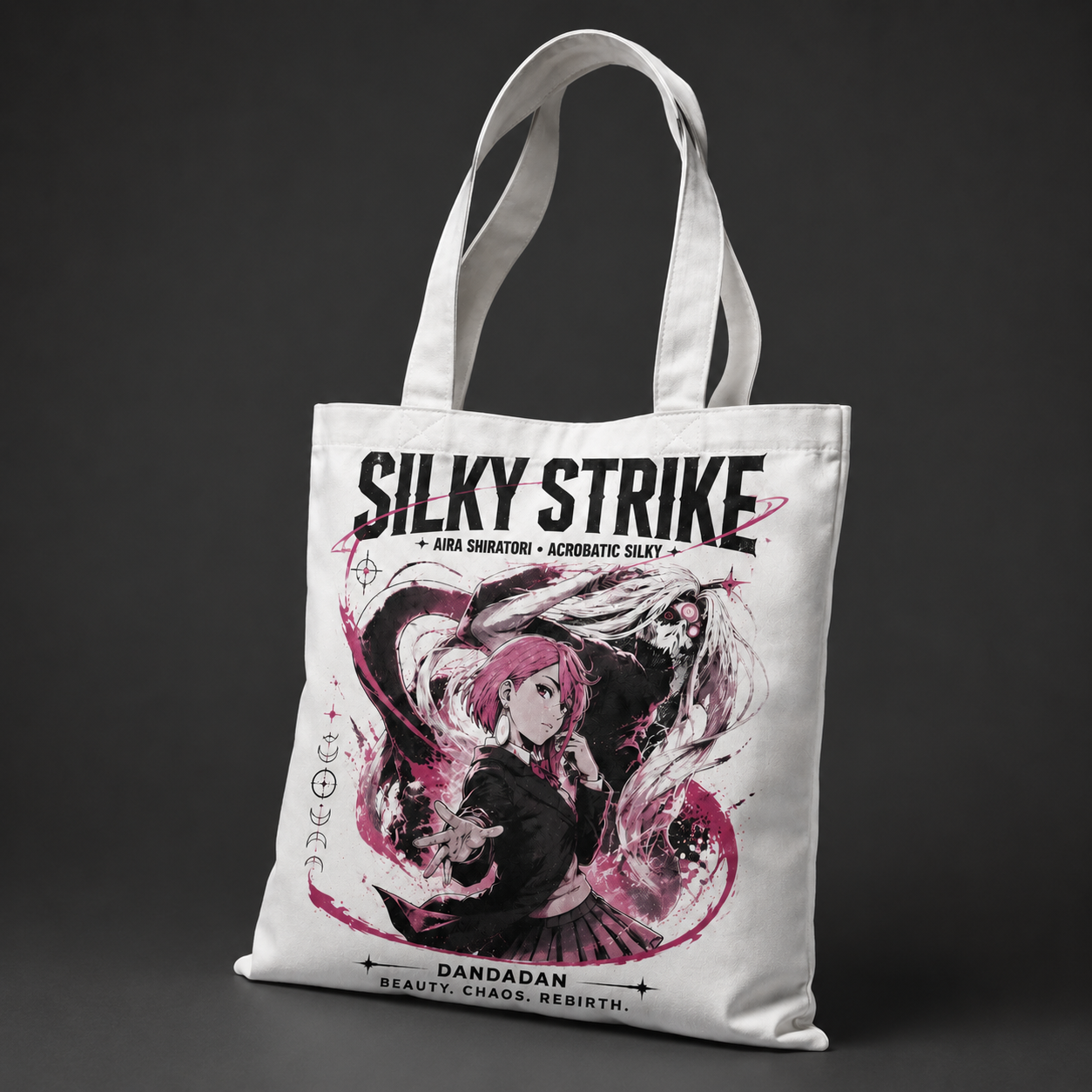 White tote bag with Aira Shiratori Dandadan Silky Strike graphic – photo 2