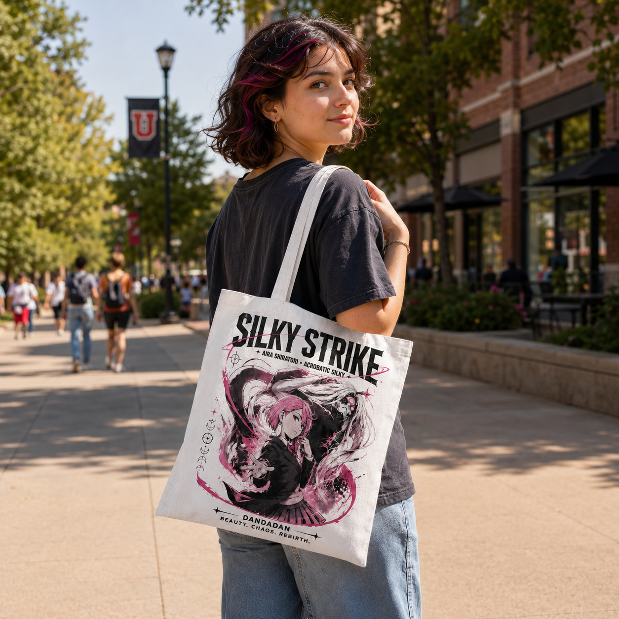 White tote bag with Aira Shiratori Dandadan Silky Strike graphic – photo 3