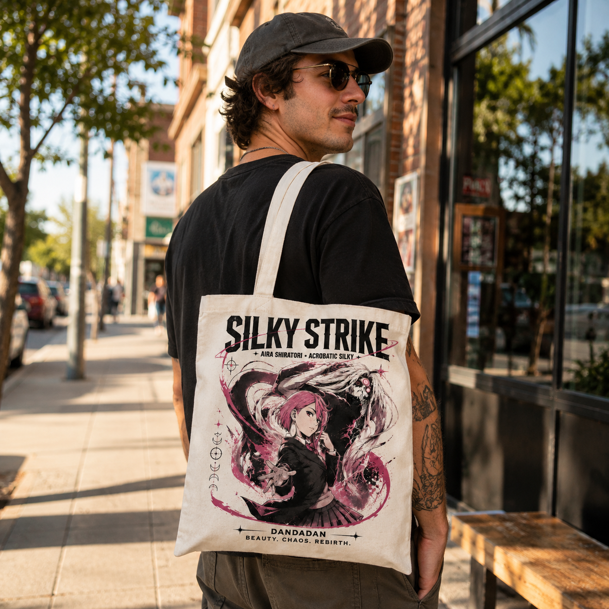 White tote bag with Aira Shiratori Dandadan Silky Strike graphic – photo 4