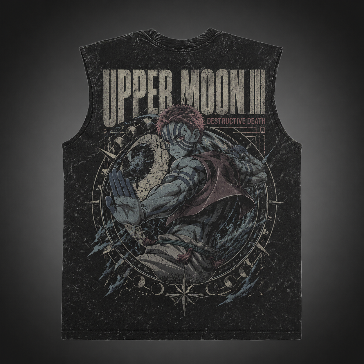 Washed black tank top with Akaza Demon Slayer Upper Moon Three graphic – photo 1