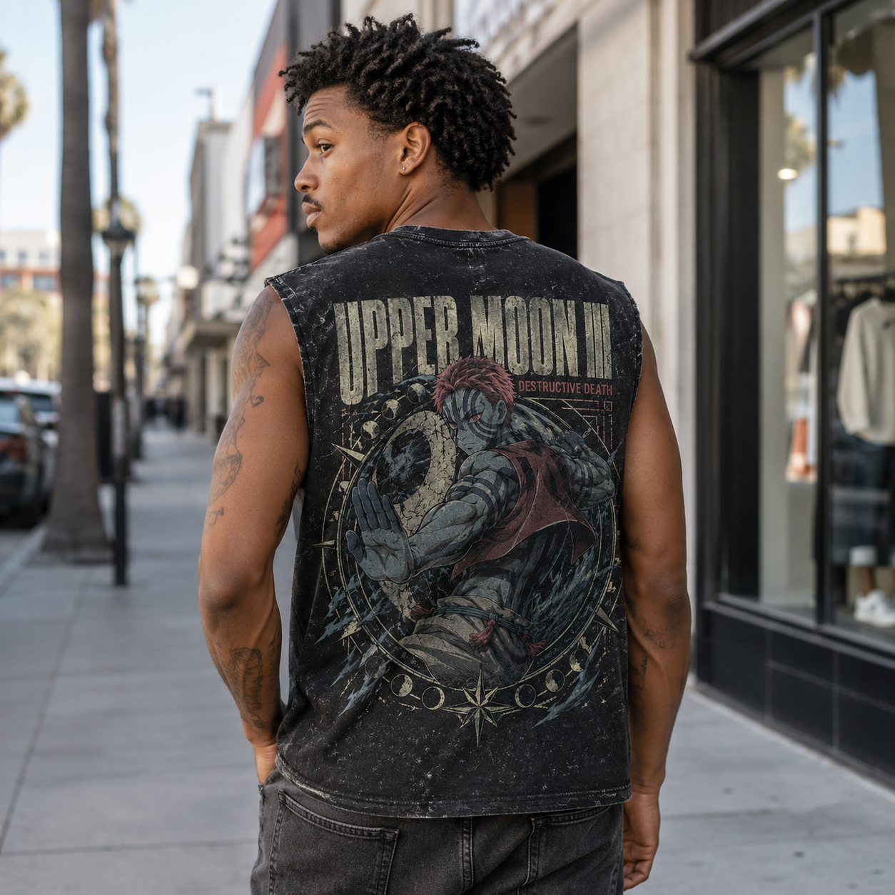 Washed black tank top with Akaza Demon Slayer Upper Moon Three graphic – photo 3