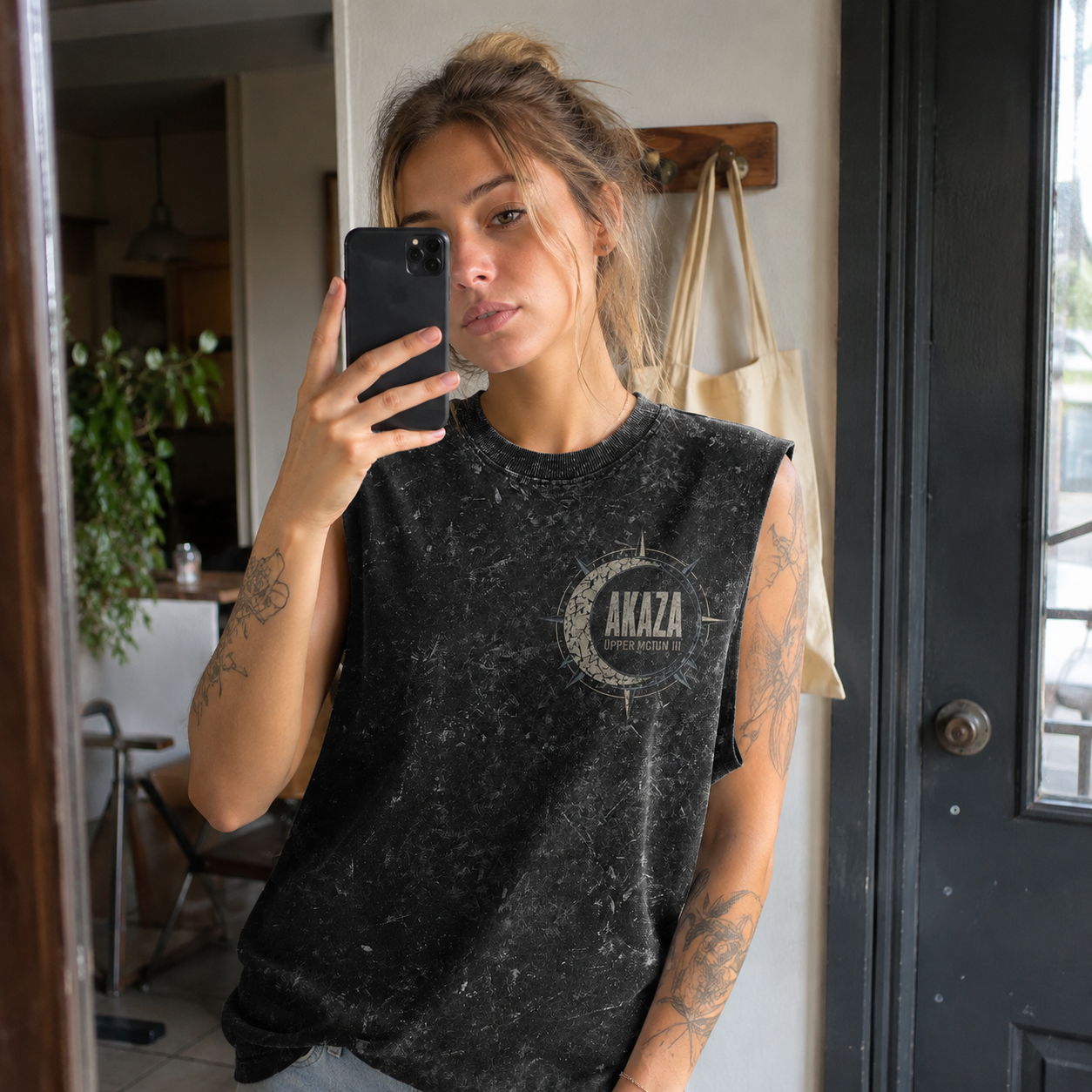 Washed black tank top with Akaza Demon Slayer Upper Moon Three graphic – photo 4