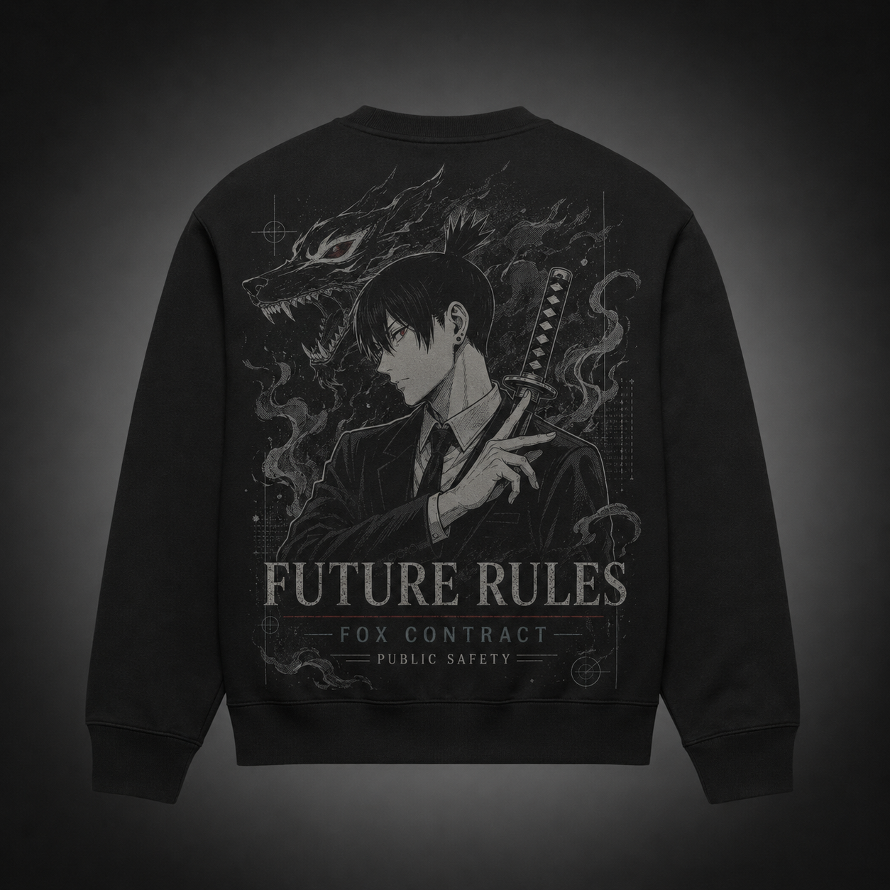 Black sweatshirt with Aki Hayakawa Chainsaw Man Fox Contract graphic – photo 1