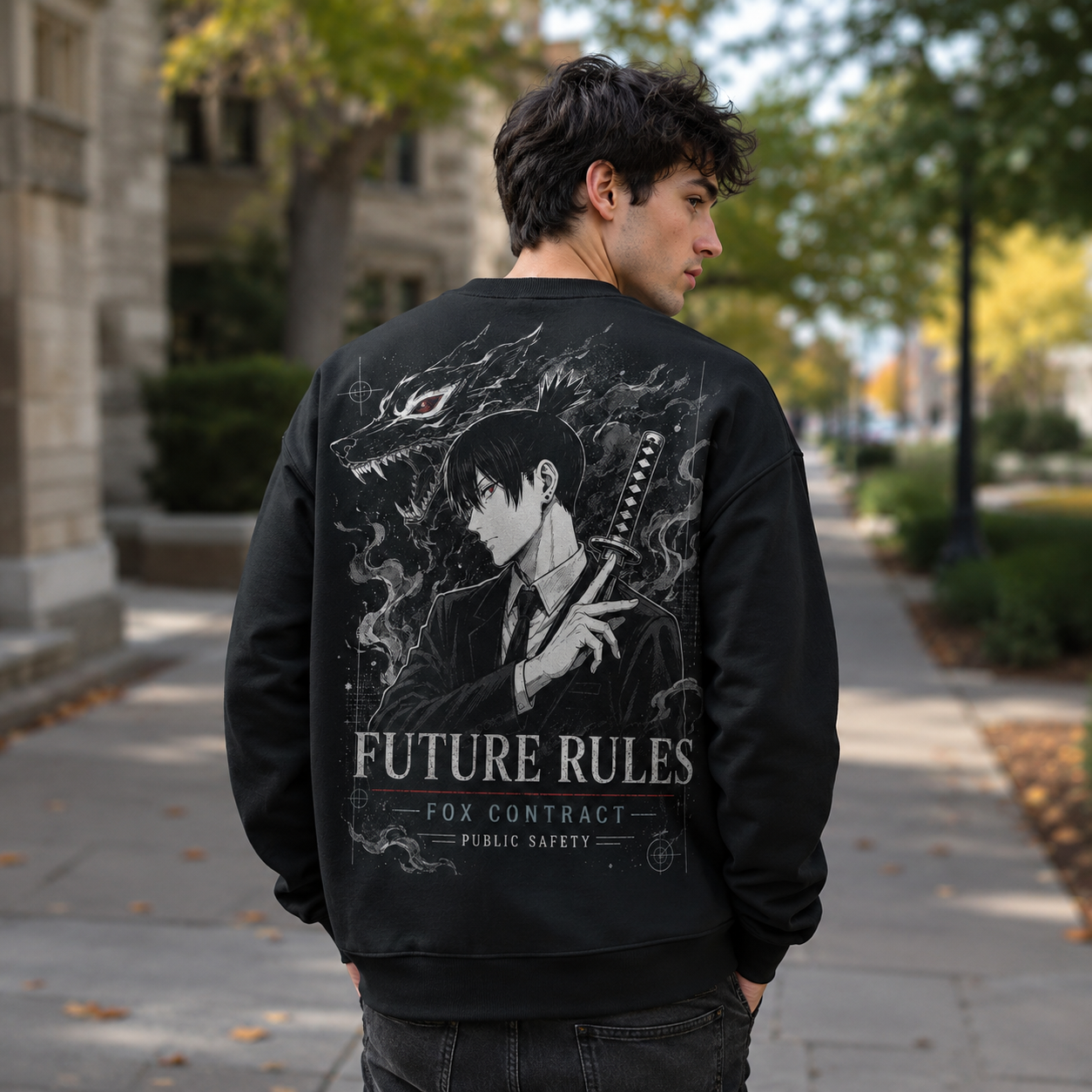 Black sweatshirt with Aki Hayakawa Chainsaw Man Fox Contract graphic – photo 3