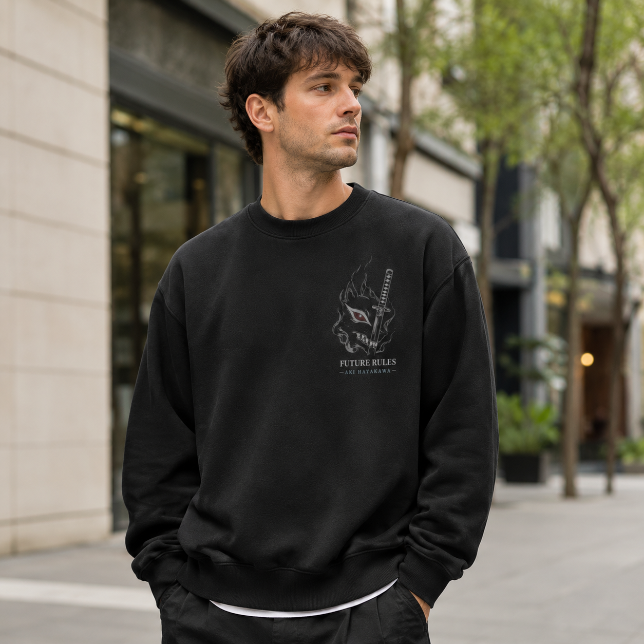 Black sweatshirt with Aki Hayakawa Chainsaw Man Fox Contract graphic – photo 4