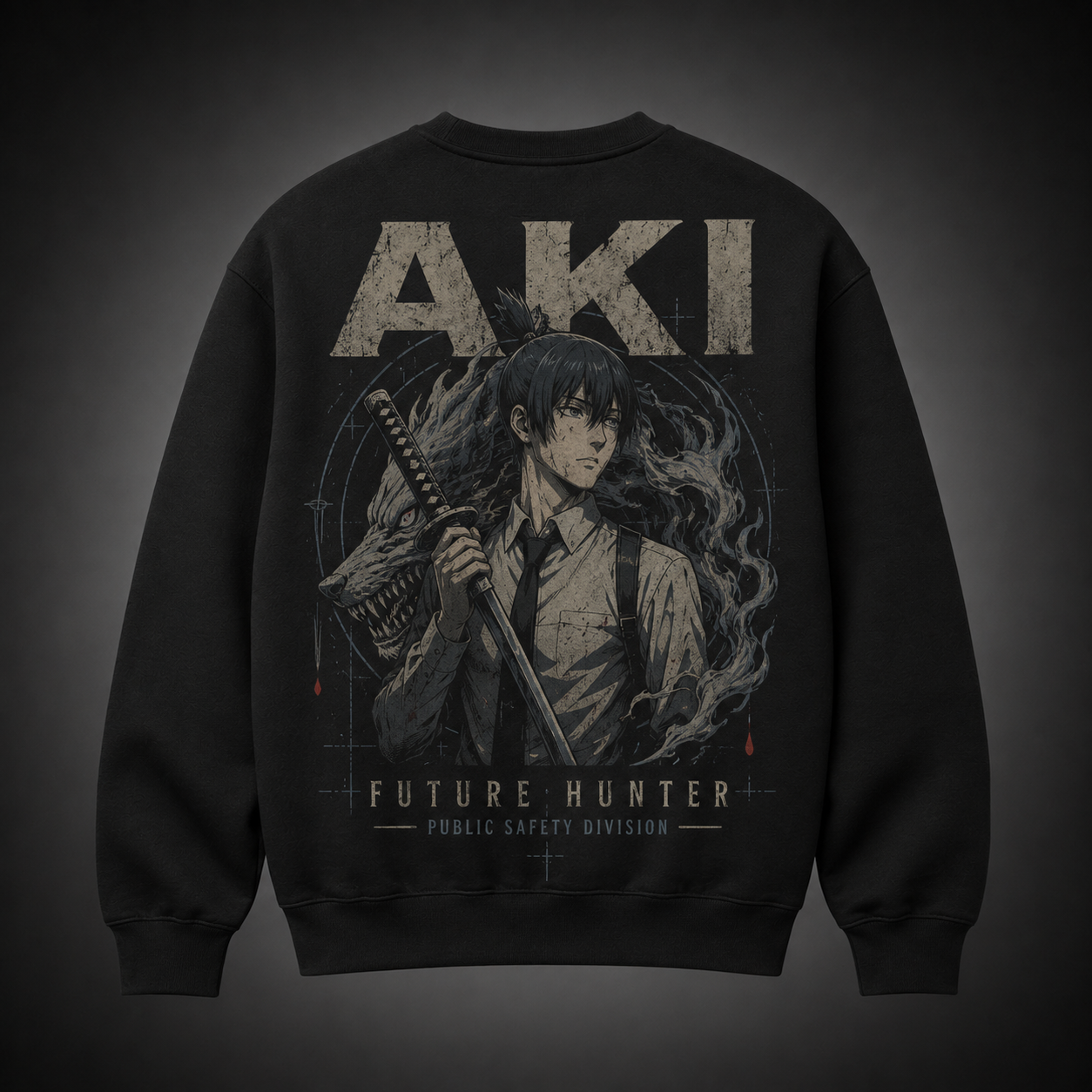 Black sweatshirt with Aki Hayakawa Chainsaw Man Future Hunter graphic – photo 1