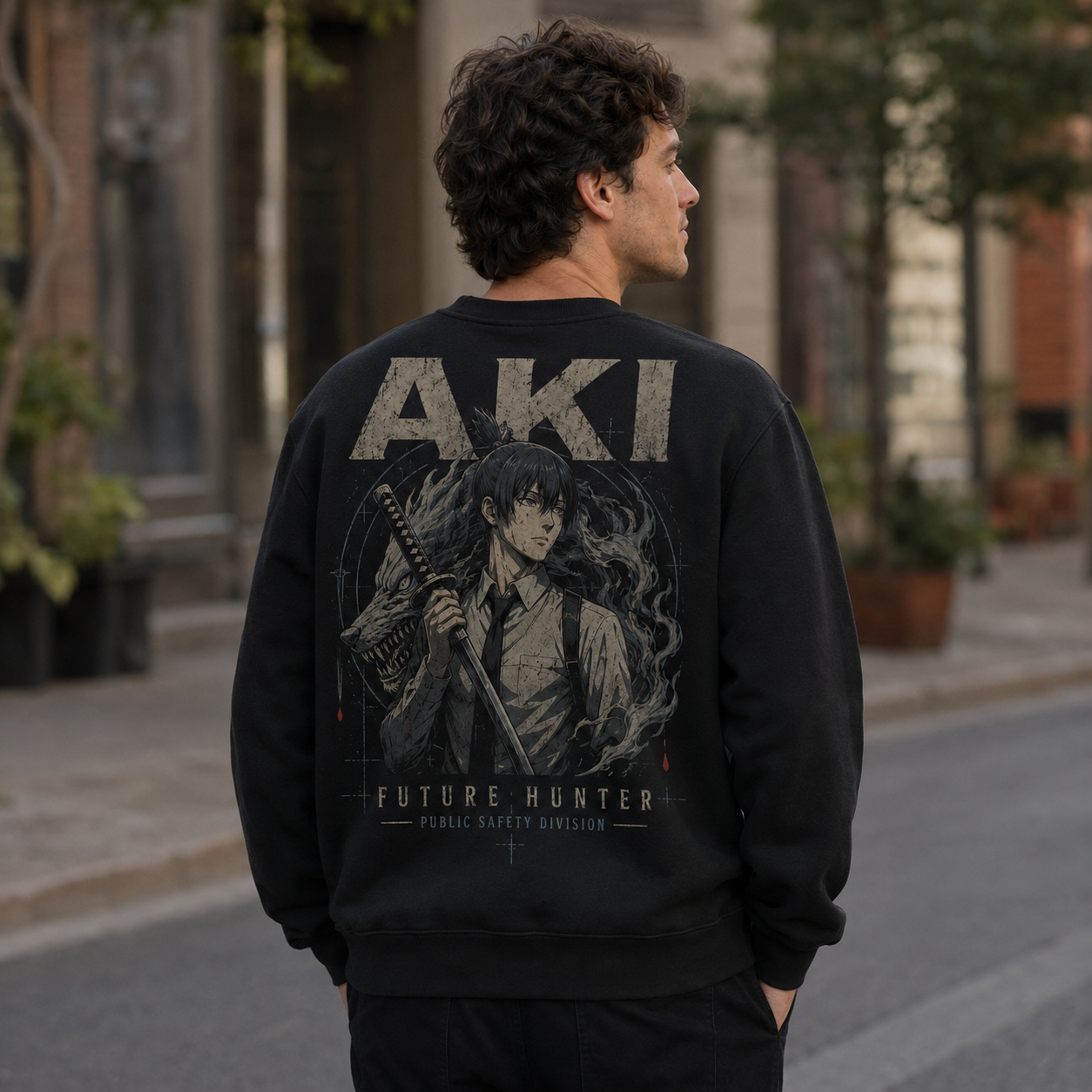 Black sweatshirt with Aki Hayakawa Chainsaw Man Future Hunter graphic – photo 3