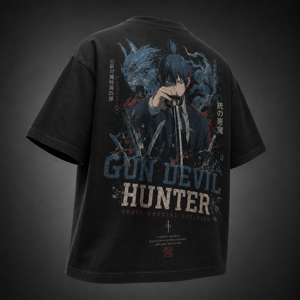 Black t-shirt with Aki Hayakawa Chainsaw Man Gun Devil Hunter graphic – photo 1