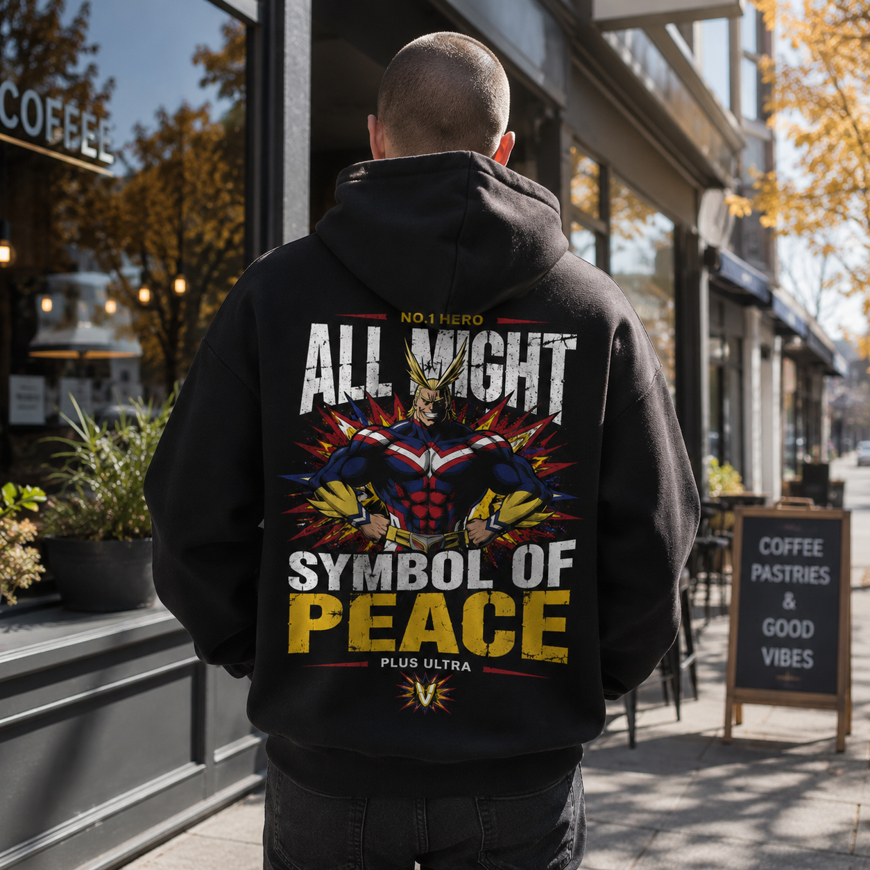 Black hoodie with All Might My Hero Academia Symbol Of Peace graphic – photo 3