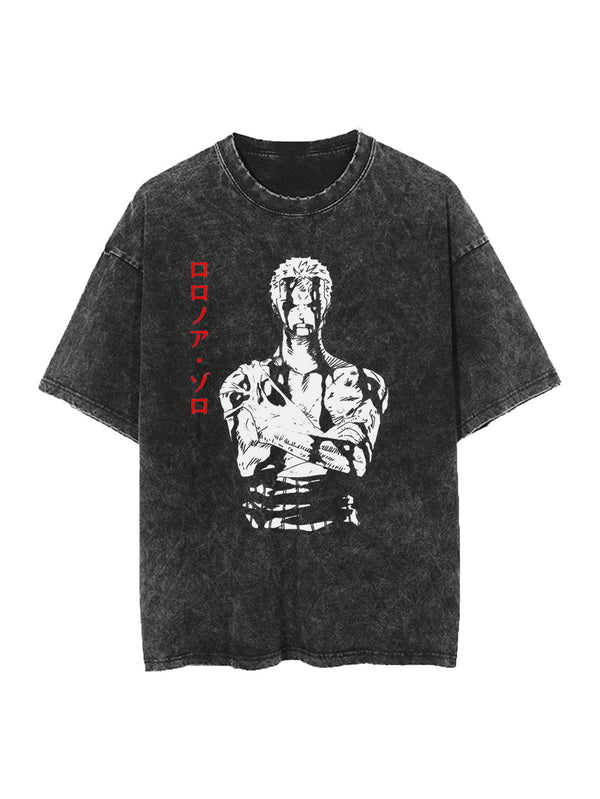 Washed black t-shirt with Roronoa Zoro One Piece Nothing Happened graphic – photo 1