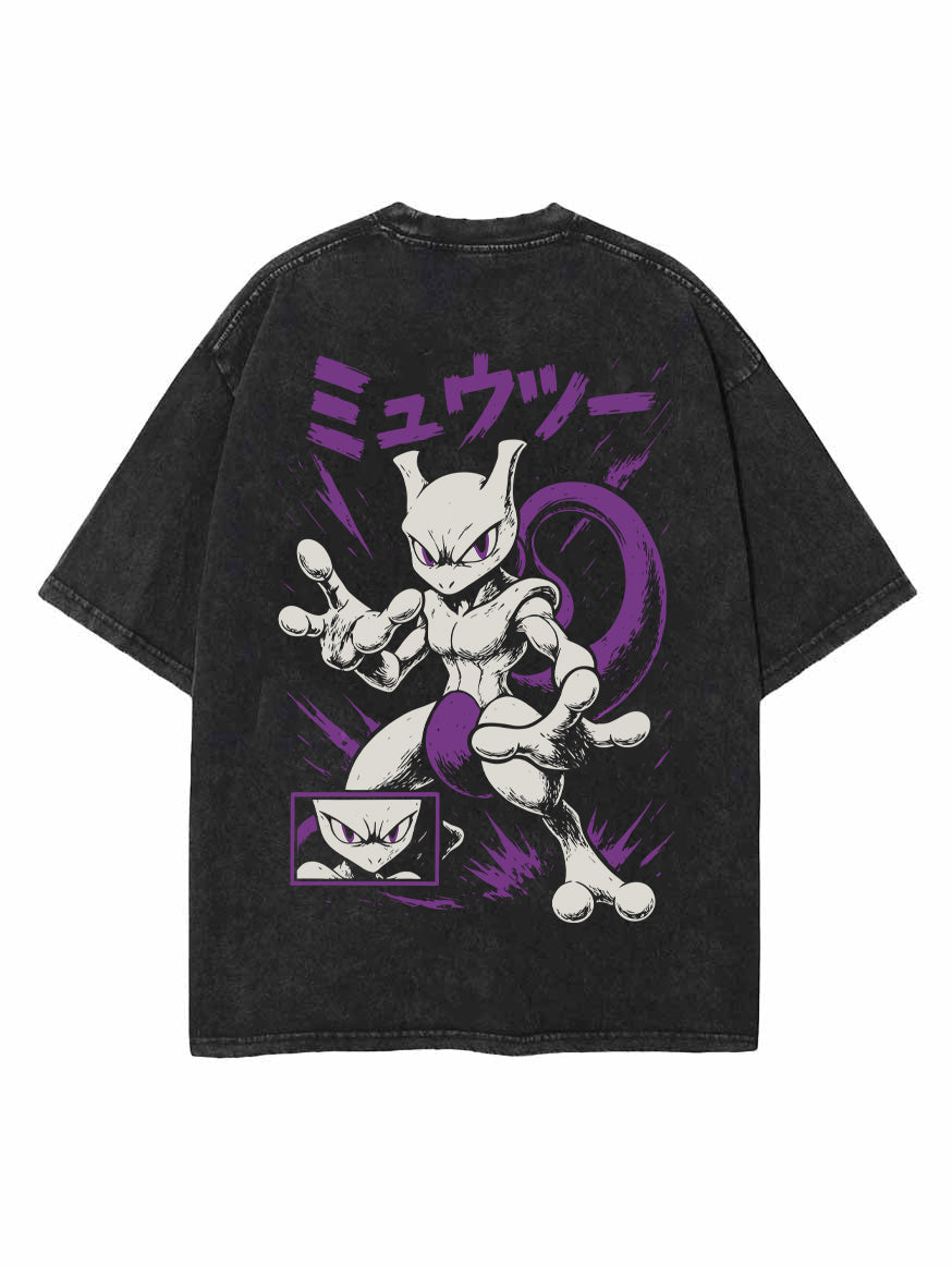 Washed black t-shirt with Mewtwo Pokemon Psywave Shadow graphic – photo 1