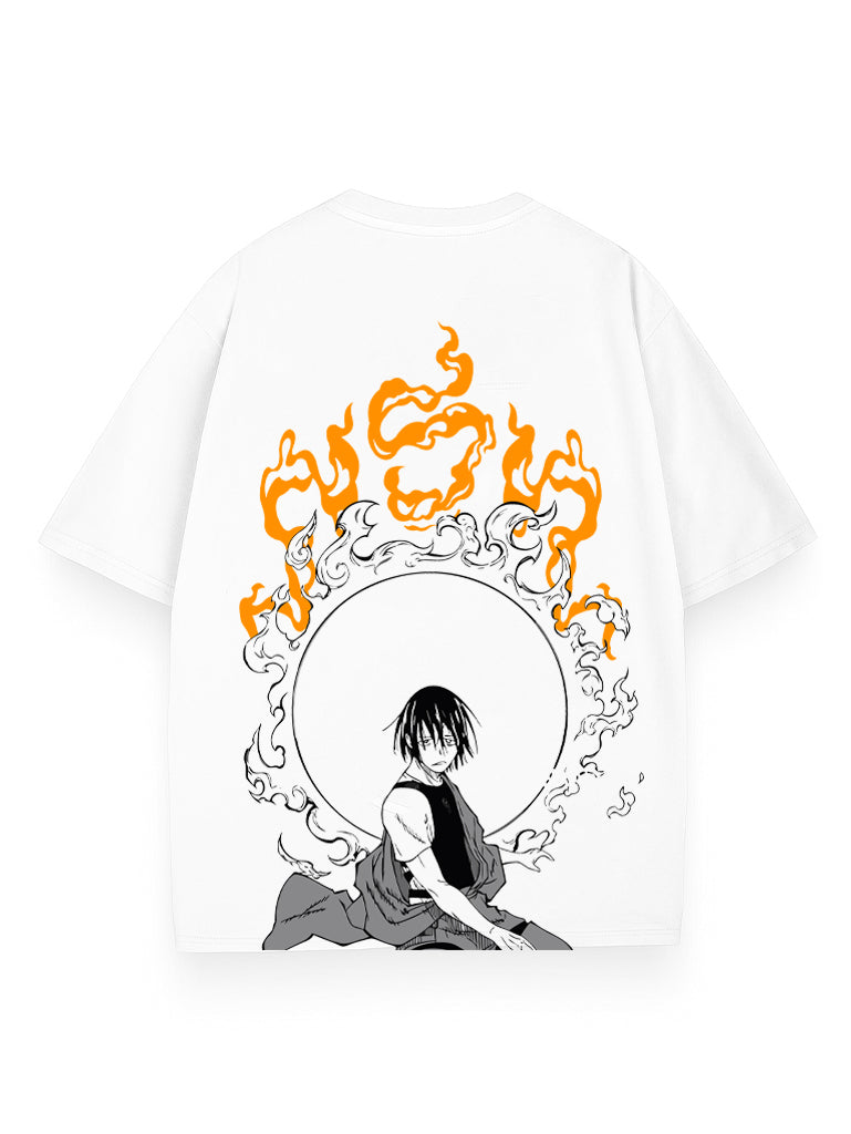 White t-shirt with Kyojuro Rengoku Demon Slayer Flame Pillar graphic – photo 1