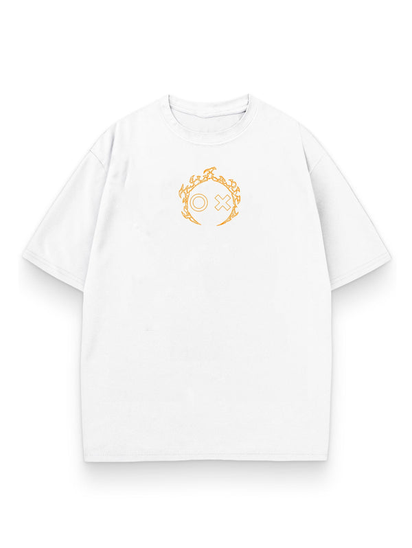 White t-shirt with Kyojuro Rengoku Demon Slayer Flame Pillar graphic – photo 2