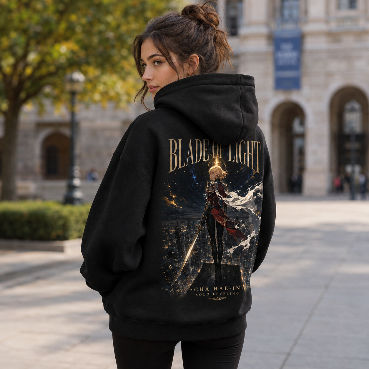 Black hoodie with Cha Hae-In Solo Leveling Blade Of Light City graphic – photo 3