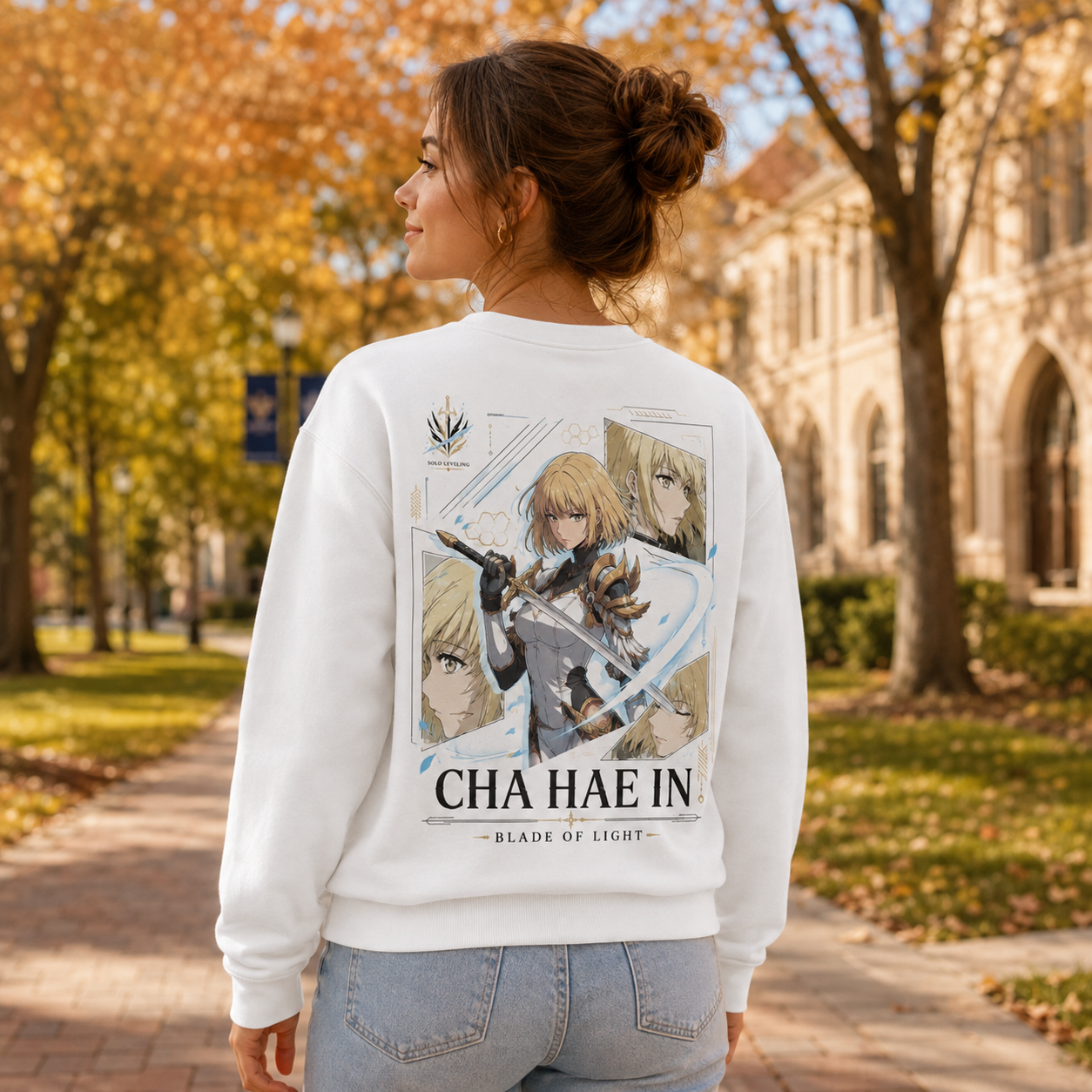 White sweatshirt with Cha Hae-In Solo Leveling Blade Of Light graphic – photo 3