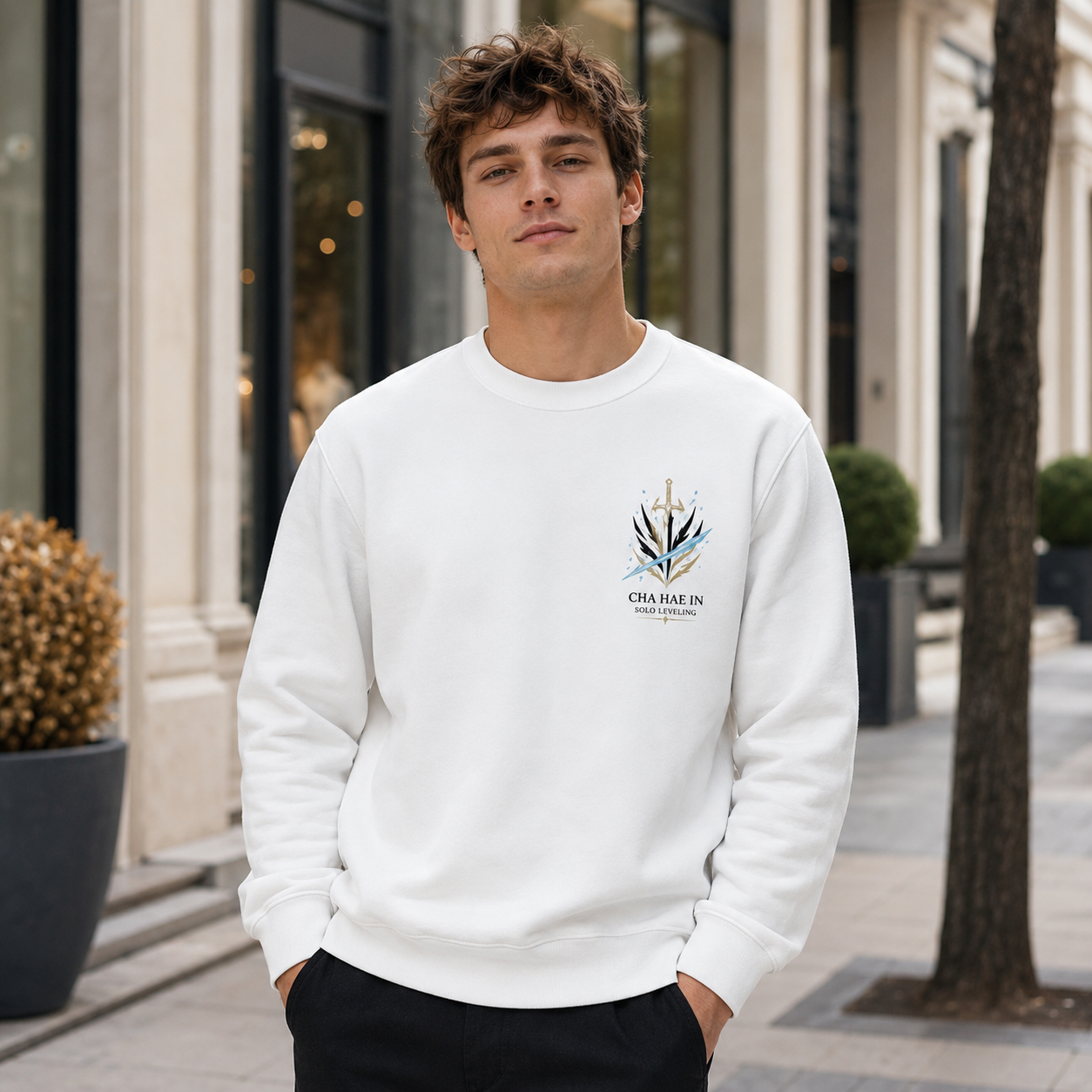 White sweatshirt with Cha Hae-In Solo Leveling Blade Of Light graphic – photo 4