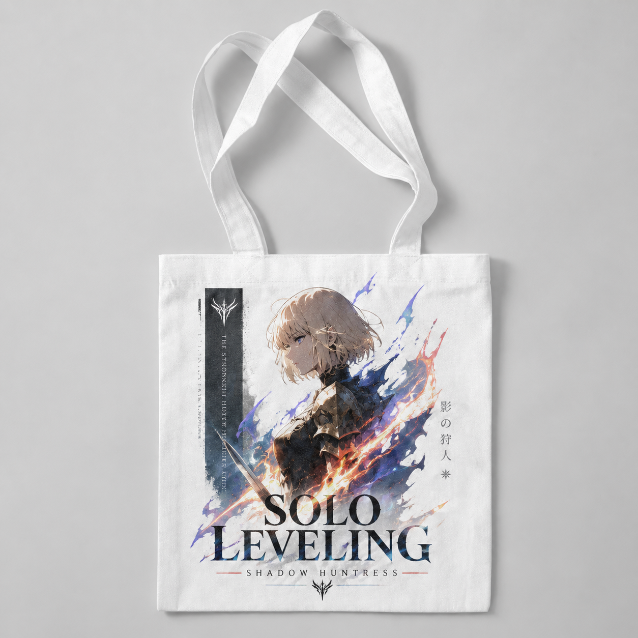 White tote bag with Cha Hae-In Solo Leveling Shadow Huntress graphic – photo 1