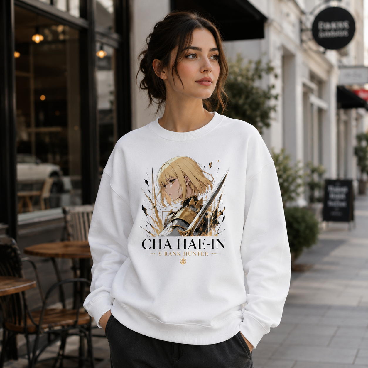 White sweatshirt with Cha Hae-In Solo Leveling The Dancer graphic – photo 4