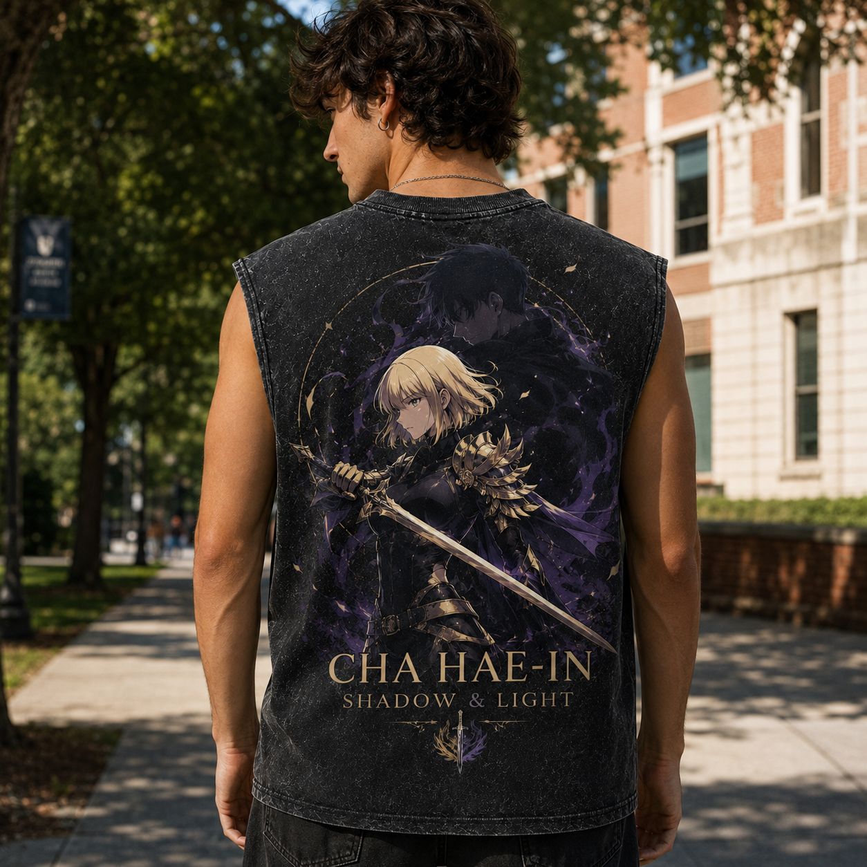 Washed black tank top with Cha Hae-In & Sung Jin-Woo Solo Leveling Shadow And Light graphic – photo 3