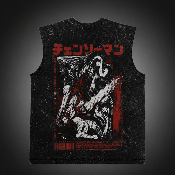 Washed black tank top with Chainsaw Man (Denji) Crimson Carnage graphic – photo 1