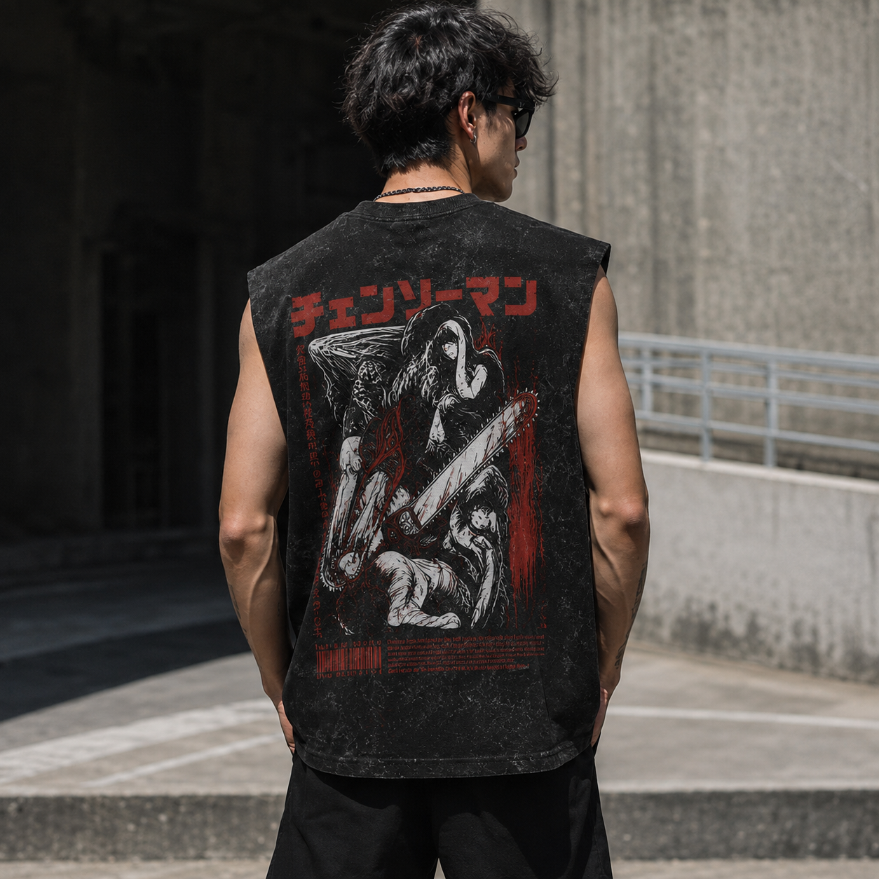 Washed black tank top with Chainsaw Man (Denji) Crimson Carnage graphic – photo 3