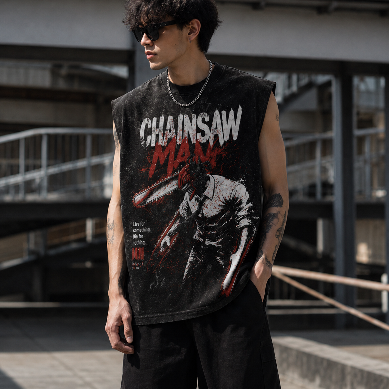 Washed black tank top with Chainsaw Man (Denji) Crimson Carnage graphic – photo 4