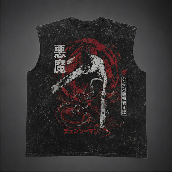 Washed black tank top with Chainsaw Man (Denji) Devil Slash graphic – photo 1