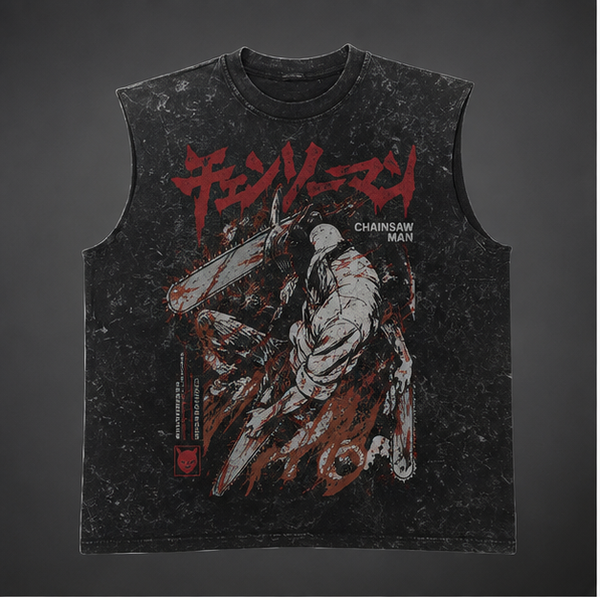 Washed black tank top with Chainsaw Man (Denji) Devil Slash graphic – photo 2